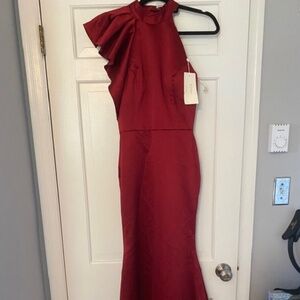 TS COURTURE , size 4 , Mermaid,gown, one shoulder halter w/ ruffle BURGUNDY, NWT